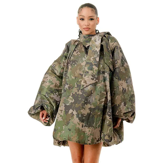 CAMO BALLOON LONG SLEEVE BUBBLE DRESS